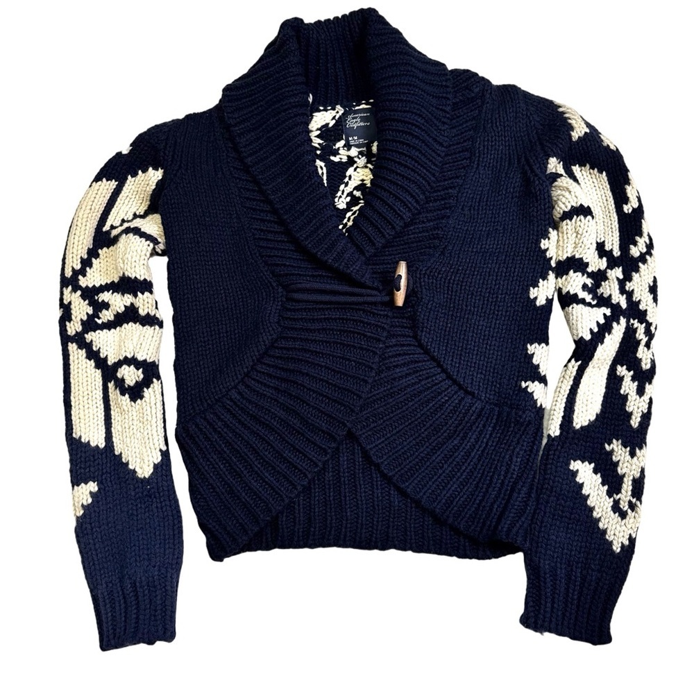 American Eagle Navy Blue and Cream Knit Sweater Size Medium Shawl Collar Vintage - Picture 3 of 11